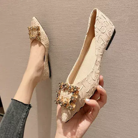 水钻尖头单鞋女2022春季新款浅口百搭气质平底女鞋黑色漆皮工作鞋商品大图