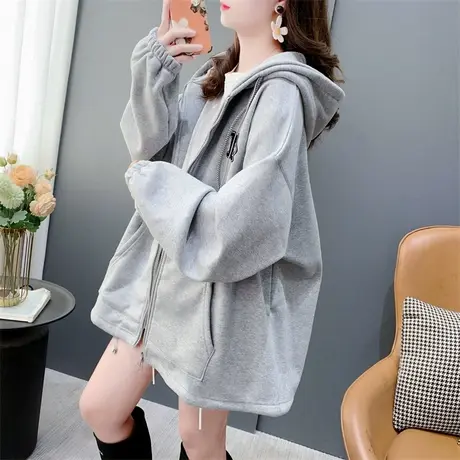 宽松慵懒风加绒连帽卫衣开衫女2023新款秋冬洋气超好看上衣外套潮商品大图