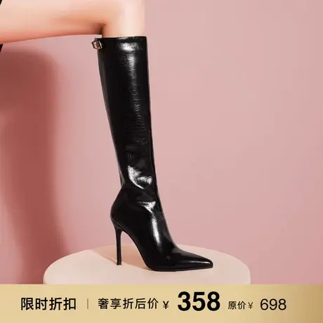 熙漫2023秋冬新款尖头不过膝细高跟直筒黑色女靴欧美洋气显瘦长靴图片