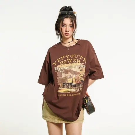 YEP美式复古短袖T恤女夏季宽松ins潮牌oversize设计感小众上衣商品大图