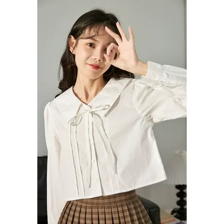 唐狮春秋白色短款长袖衬衫女士娃娃领绑带韩系气质学院风衬衣服图片