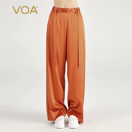 VOA桑蚕丝弹力缎砖红色松紧腰口袋腰带装饰宽松百搭丝绸直筒长裤图片