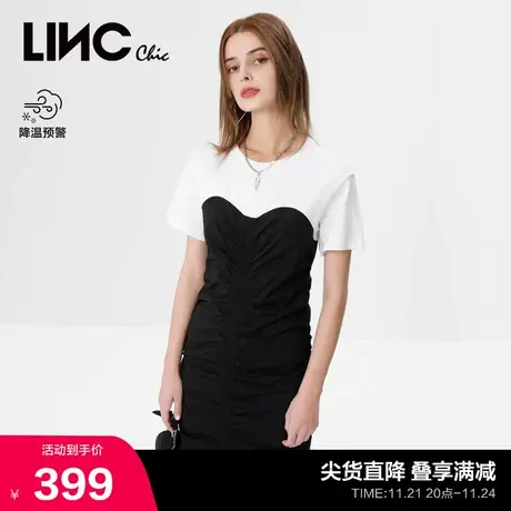 LINCCHIC金羽杰连衣裙拼接针织长款抽褶修身连衣裙女S222DR393图片