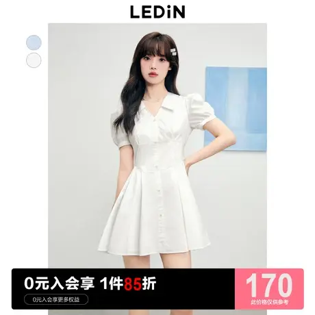 乐町学院风短袖连衣裙2023夏季新款通勤裙子小个子气质V领衬衫裙商品大图