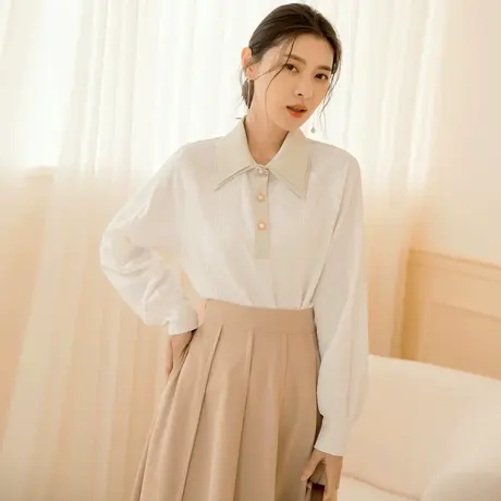 桔熊秋冬季复古通勤柔软双层领珍珠扣泡泡袖上衣女装大码AB17780商品大图