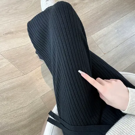 黑色针织阔腿裤女2023新款秋冬季垂感直筒休闲裤加厚松紧腰拖地裤图片