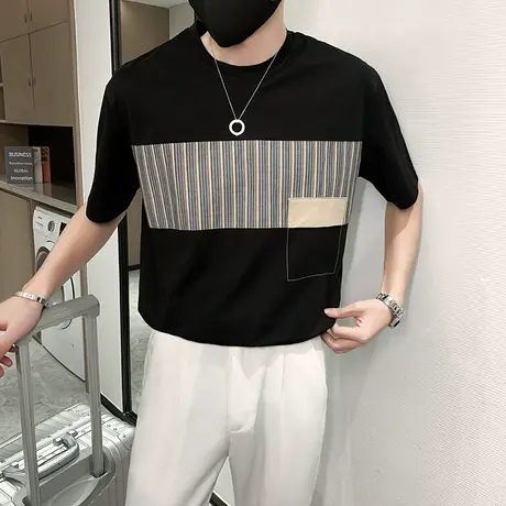 夏季男士t恤男装短袖宽松半袖潮流圆领学生时尚休闲青年拼色体恤商品大图