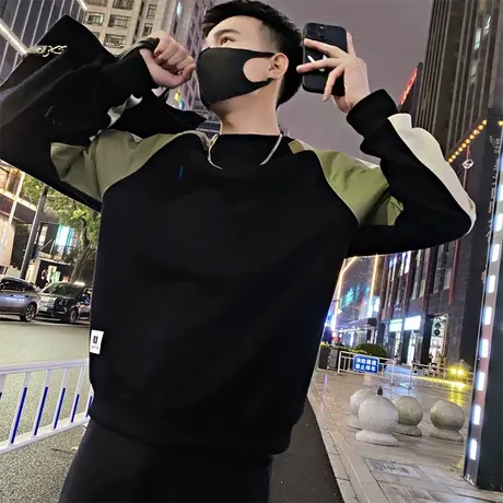 拼色设计感加绒卫衣男秋冬保暖加厚内搭上衣青年帅气休闲长袖T恤图片