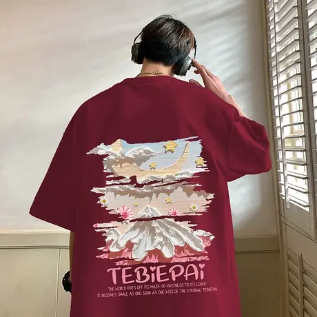 油画立体感印花短袖T恤男女纯棉宽松夏季体恤情侣2024新款上衣服图片