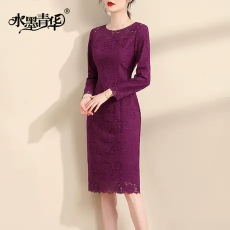 水墨青华冬装新品时尚百搭打底裙气质优雅收腰红色蕾丝连衣裙图片