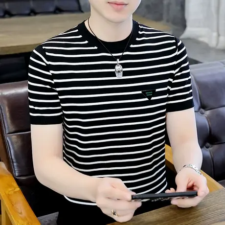夏季冰丝短袖t恤男士圆领潮流针织上衣半袖薄款帅气百搭条纹体恤商品大图