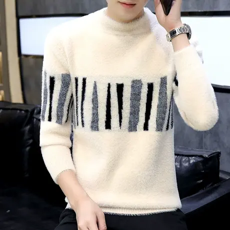 毛衣男士潮流2023新款水貂绒加厚线衣服秋冬季加绒保暖针织打底衫商品大图