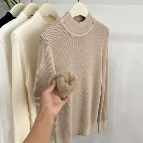 歌倍尚一体式水貂绒长袖针织衫2023秋冬新品纯色加绒加厚保暖上衣商品大图