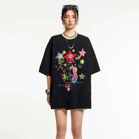 YEP印花黑色t恤女短袖夏装2024年新款情侣装半袖国潮宽松复古上衣商品大图