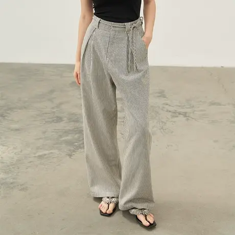 omont蛋挞家 复古条纹阔腿裤2023秋季新款高腰显瘦休闲宽松长裤子商品大图