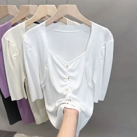 v领冰丝针织衫女2023春夏秋新款泡泡袖假两件上衣外穿中袖t恤衫潮商品大图