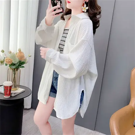 中长款白色防晒衬衫外套女春季2023年新款宽松休闲设计感长袖上衣商品大图