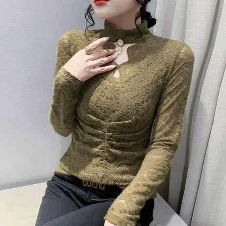 加绒加厚打底衫女秋冬欧货性感镂空蕾丝上衣洋气百搭显瘦长袖小衫商品大图