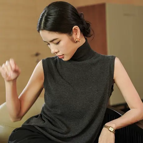 黑色无袖显瘦针织打底衫秋季2023新款女装内搭高领打底背心外穿商品大图