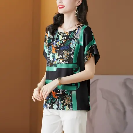 2023夏季新款重磅真丝短袖印花t恤宽松时尚气质桑蚕丝妈妈上衣女商品大图