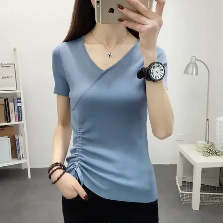 短袖t恤女2023夏季新款v领冰丝抽绳系带针织衫修身薄打底衫短上衣商品大图