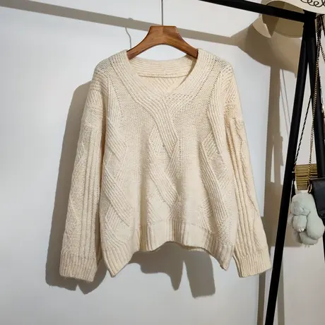 v领麻花毛衣女宽松套头2023秋冬新款纯色休闲百搭针织衫上衣外穿图片