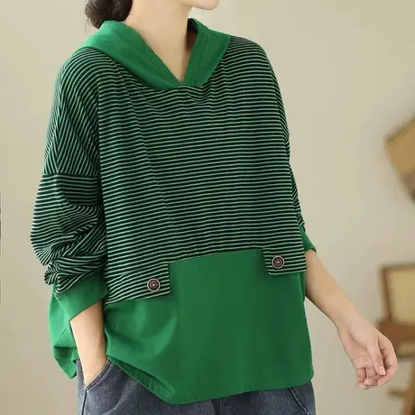 2023秋季新款卫衣复古条纹拼接撞色连帽宽松遮肉显瘦早秋上衣女潮商品大图