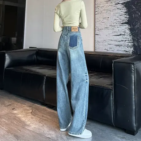 撞色口袋阔腿牛仔裤女2023秋季新款高腰宽松显瘦直筒垂感拖地裤子商品大图