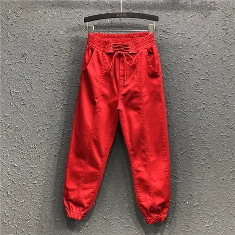 气质系带红色松紧腰束脚裤春夏新款欧货宽松显瘦休闲牛仔哈伦裤女图片