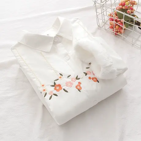 秋冬季文艺加绒加厚刺绣纯棉白衬衫女长袖学生打底衫宽松保暖上衣商品大图