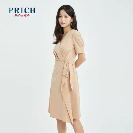 PRICH夏新款小众收腰V领荷叶边下摆百搭清新设计连衣裙图片