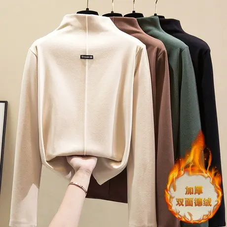 加厚双面德绒磨毛半高领发热打底衫女冬季新款修身百搭t恤保暖衣商品大图