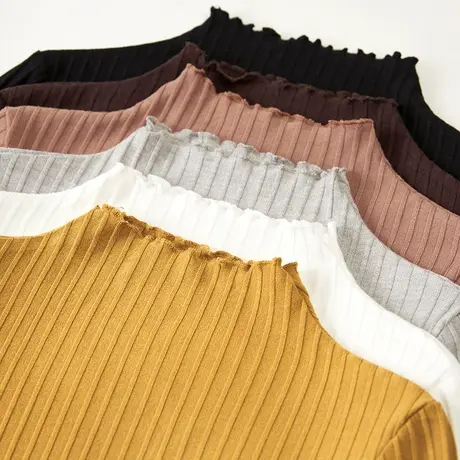 秋冬新款韩版半高领修身纯棉荷叶边纯色坑条纹长袖体恤上衣内搭女图片