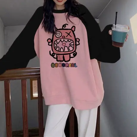 美式复古闺蜜卫衣女大码胖mm加绒宽松秋冬上衣潮ns插肩袖情侣外套商品大图