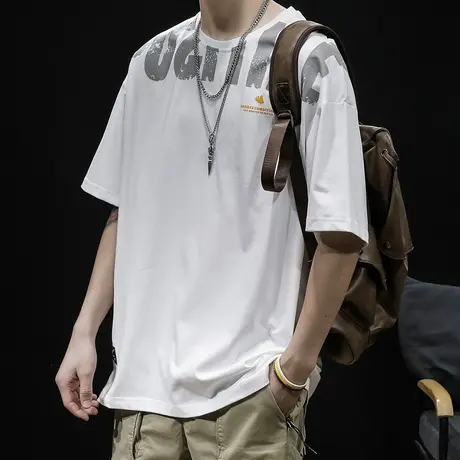 夏季印花短袖t恤男宽松大码2024新款潮加肥加大半袖白色纯棉体恤图片