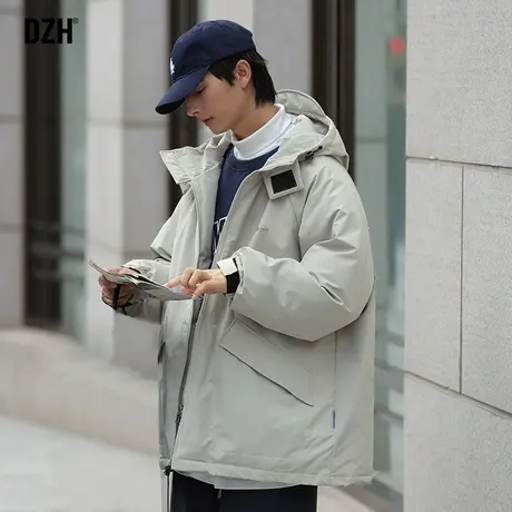 男士灰色中长款棉服男冬季加厚潮牌工装连帽棉衣外套男装2023新款商品大图