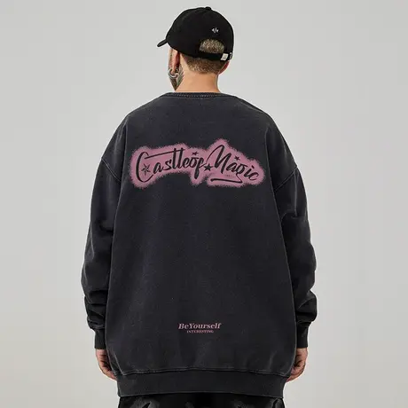 加肥加大码圆领美式重磅复古字母男装宽松水洗做旧卫衣秋冬款潮流商品大图