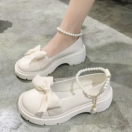 法式玛丽珍鞋女2023年新款春夏珍珠蝴蝶结厚底配裙子单鞋jk小皮鞋图片