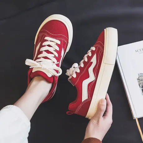 红色帆布鞋女鞋2023年新款春款爆款chic百搭休闲软底板鞋小黑鞋子图片