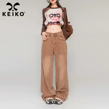 KEIKO 设计感毛边阔腿牛仔裤2023年秋冬新款咖色宽松直筒拖地裤子商品大图