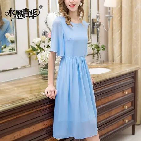 【1件7.9折】夏季新品时尚圆领气质优雅修身纯色大摆乔其纱连衣裙图片