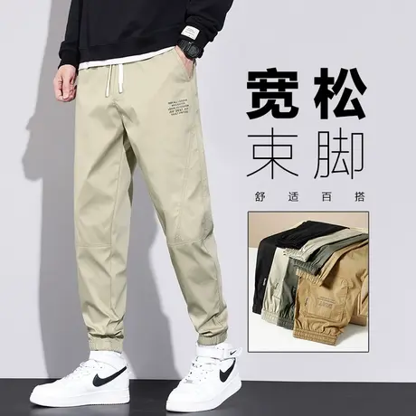 秋冬季美式高街拼接束脚工装2024新款男生卡其色潮牌大码休闲裤子商品大图