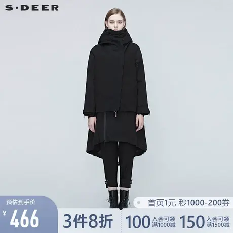 sdeer圣迪奥秋冬拉链高领拼接黑色通勤中长款风衣女S20381701🐬图片