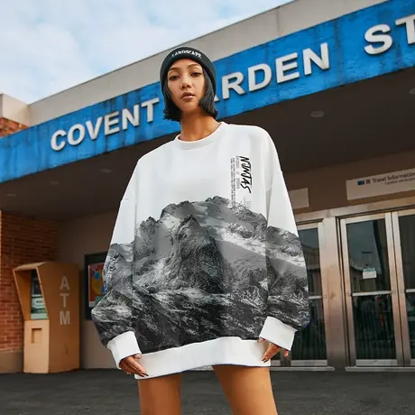 木村三社SANSYAS 数码印花圆领宽松卫衣茫茫雪山宽松上衣图片