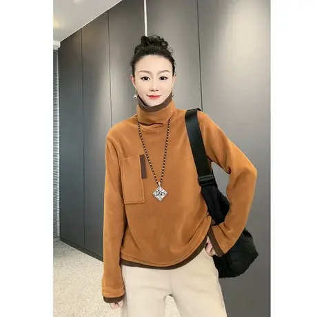 冬季时尚拼色高领加绒卫衣女保暖双面奥利绒套头上衣假两件绒衫潮商品大图