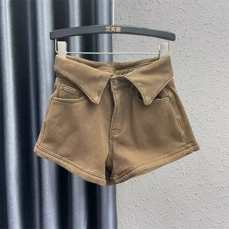 翻边设计感牛仔短裤女2023秋冬新款美拉德高腰显瘦加绒外穿阔腿裤商品大图