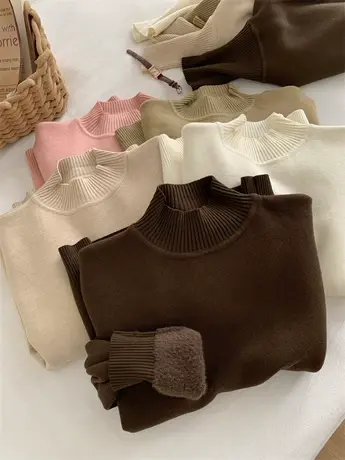 厚实保暖一体绒半高领针织衫女冬季新款宽松显瘦百搭软糯加绒毛衣商品大图
