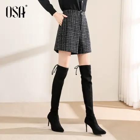 OSA欧莎黑色毛呢外穿短裤女秋冬2021年新款直筒靴裤休闲阔腿裤子图片