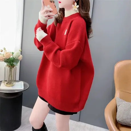 假两件新年红色毛衣女套头2023年新款秋冬宽松加厚百搭打底针织衫商品大图