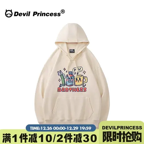 2024新款小众超火卡通印花奶杏色连帽卫衣女宽松大版小个子上衣厚商品大图